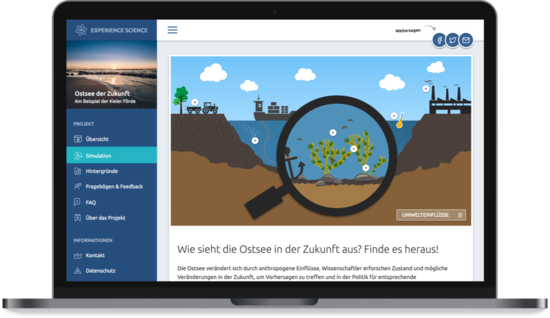 Screenshot der Webseite des Projekts "Ostsee der Zukunft" mit einer interaktiven Simulation